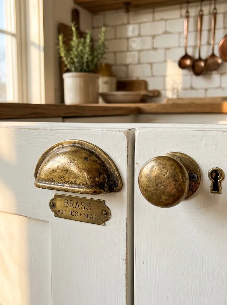 Aged brass knobs and pulls on white kitchen cabinets for a vintage upgrade