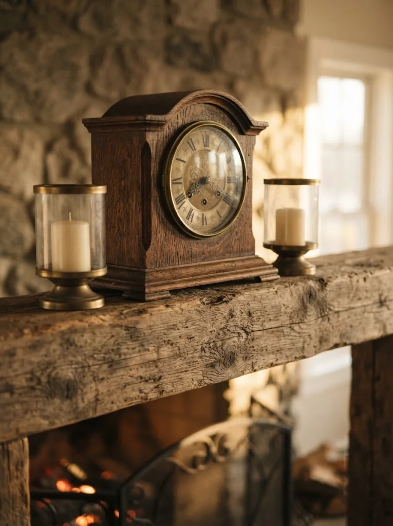 Antique wooden mantel clock displayed on a rustic fireplace mantel