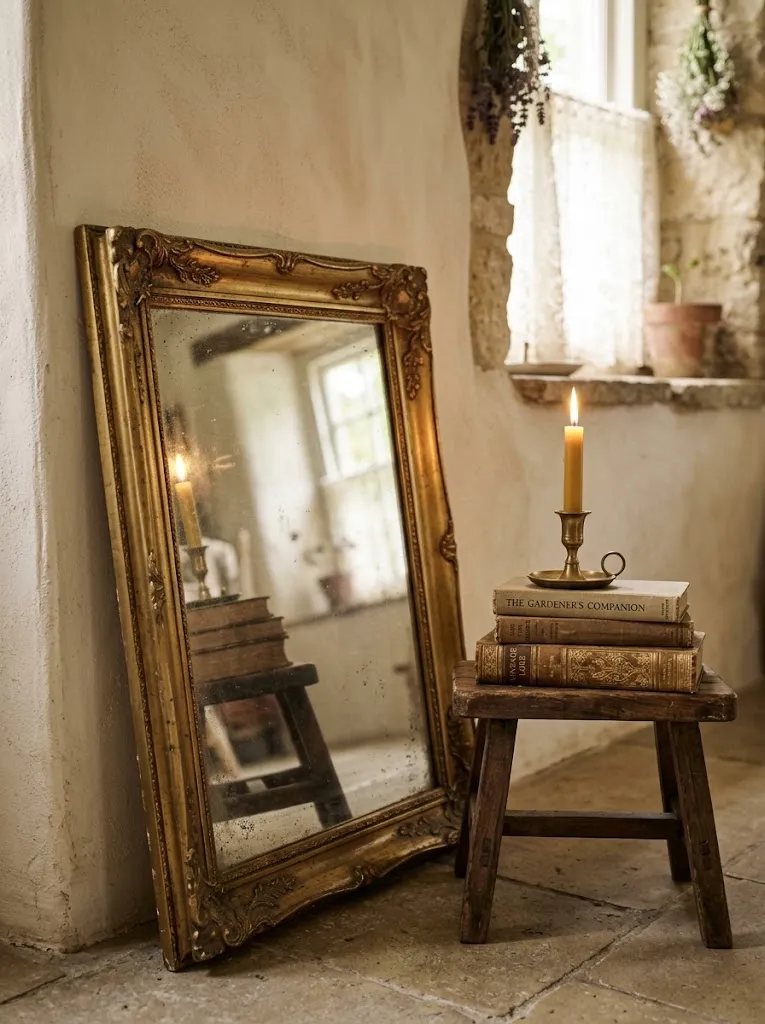 Antique leaning mirror styled in a cottagecore style home corner