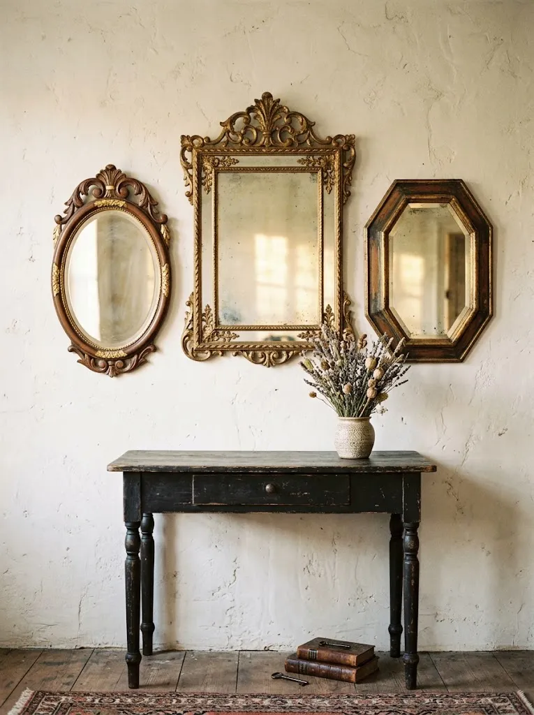 Gallery wall of antique mirrors above a vintage console table
