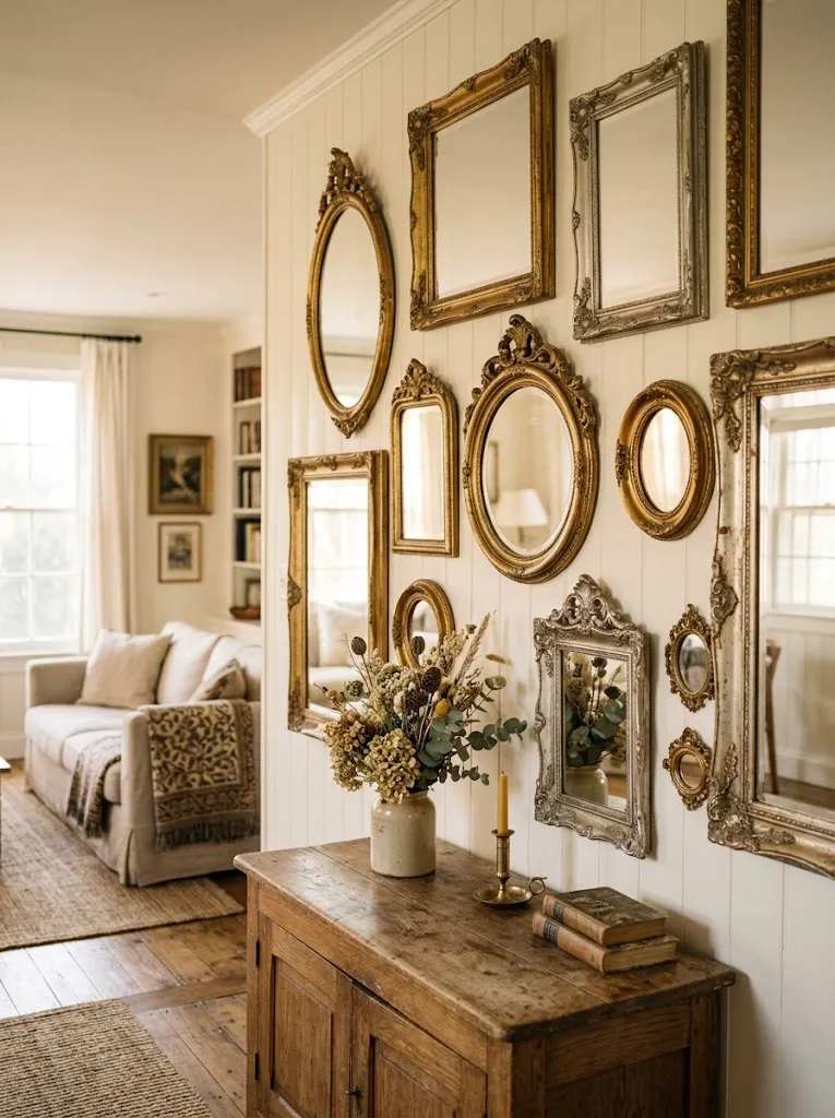Cluster of antique gold and silver mirrors grouped on a living room wall