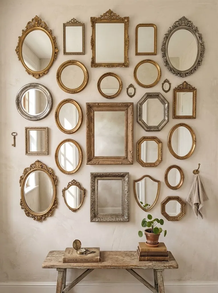 Cluster of antique mirrors arranged on an entryway wall
