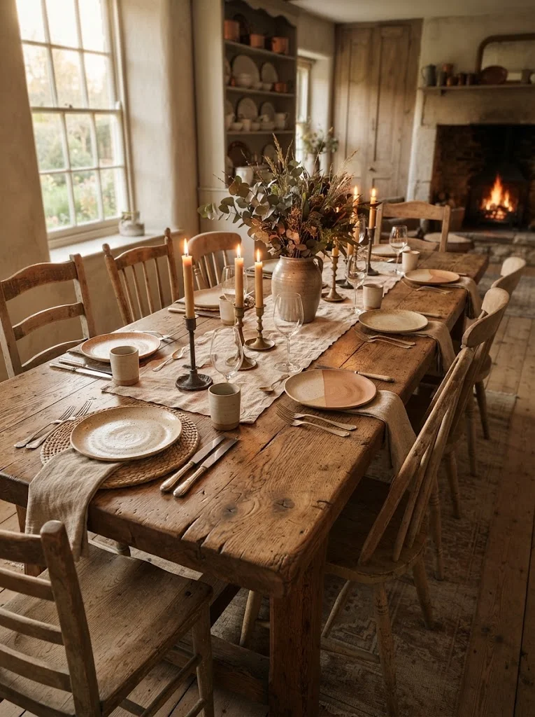 Antique solid wood farmhouse dining table with mismatched wooden chairs