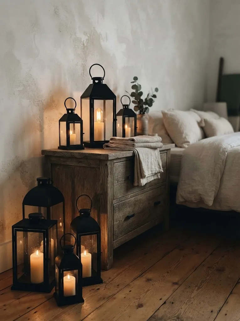 Black metal lanterns with candles glowing on a weathered oak bedroom dresser