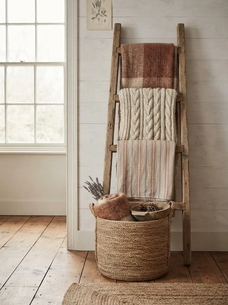 Rustic wooden blanket ladder draped with wool, knit, and linen blankets leaning against a whitewashed bedroom wall
