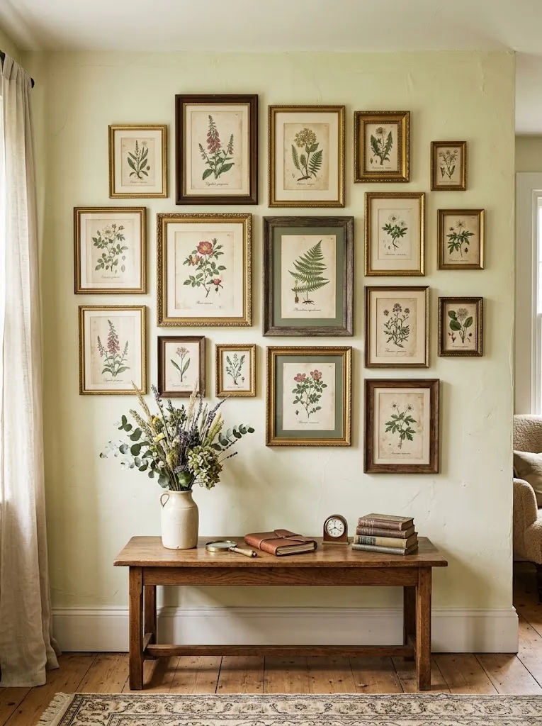 Gallery wall of vintage botanical prints in mismatched gold and wood frames above a console table