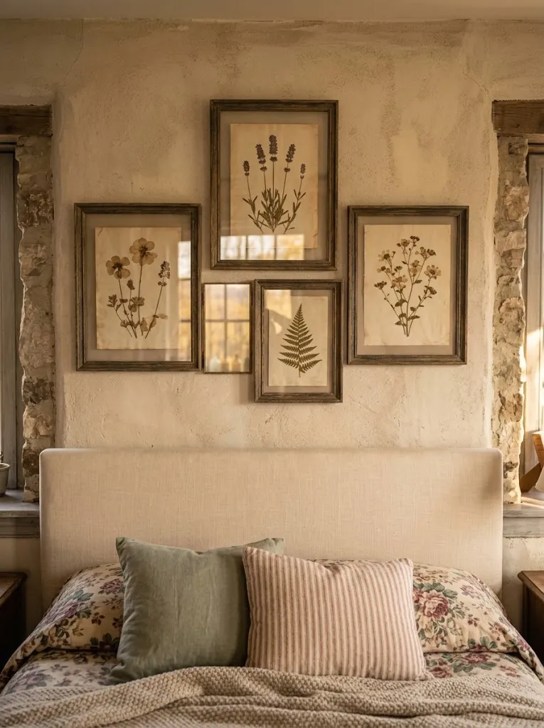 Botanical wall prints displayed in a cottagecore style bedroom