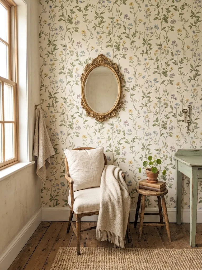 Botanical print wallpaper accent wall with trailing vines