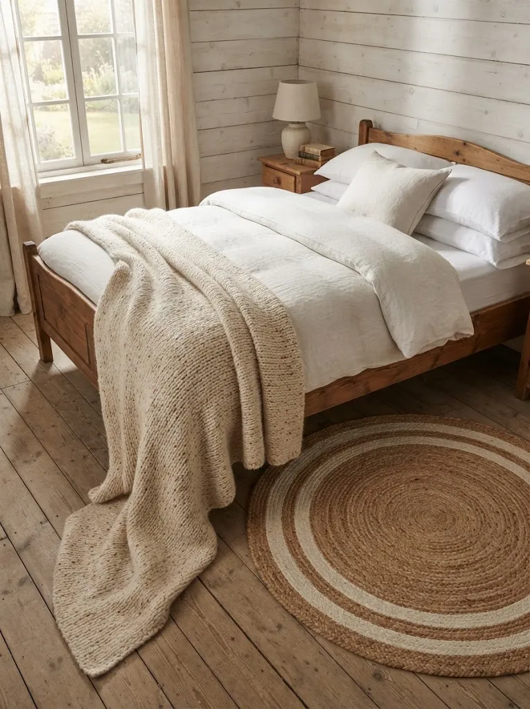 Round braided jute rug in natural tan beside a pine bed with a wool blanket trailing to the floor