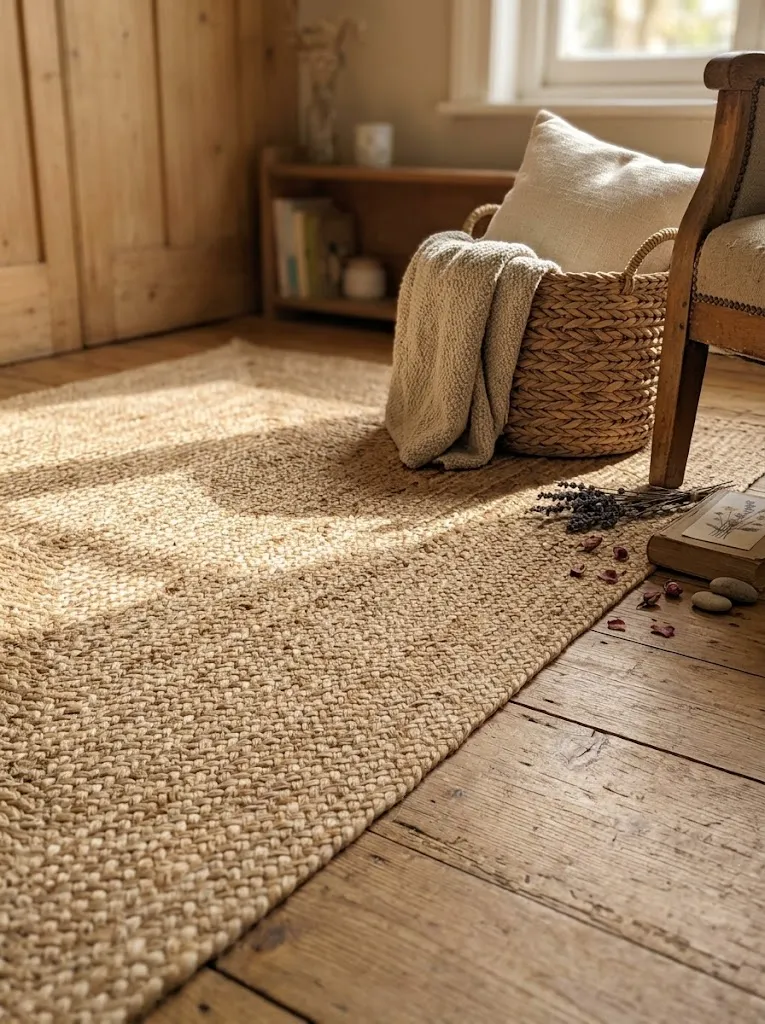 Natural braided jute rug in a cozy cottagecore reading nook