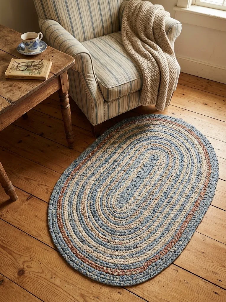 Oval braided rag rug in faded blue and rust on a pine plank floor beside an armchair