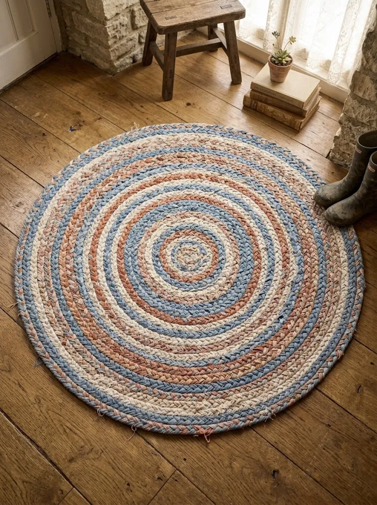 Braided rag rug on wood flooring in a cottagecore style home