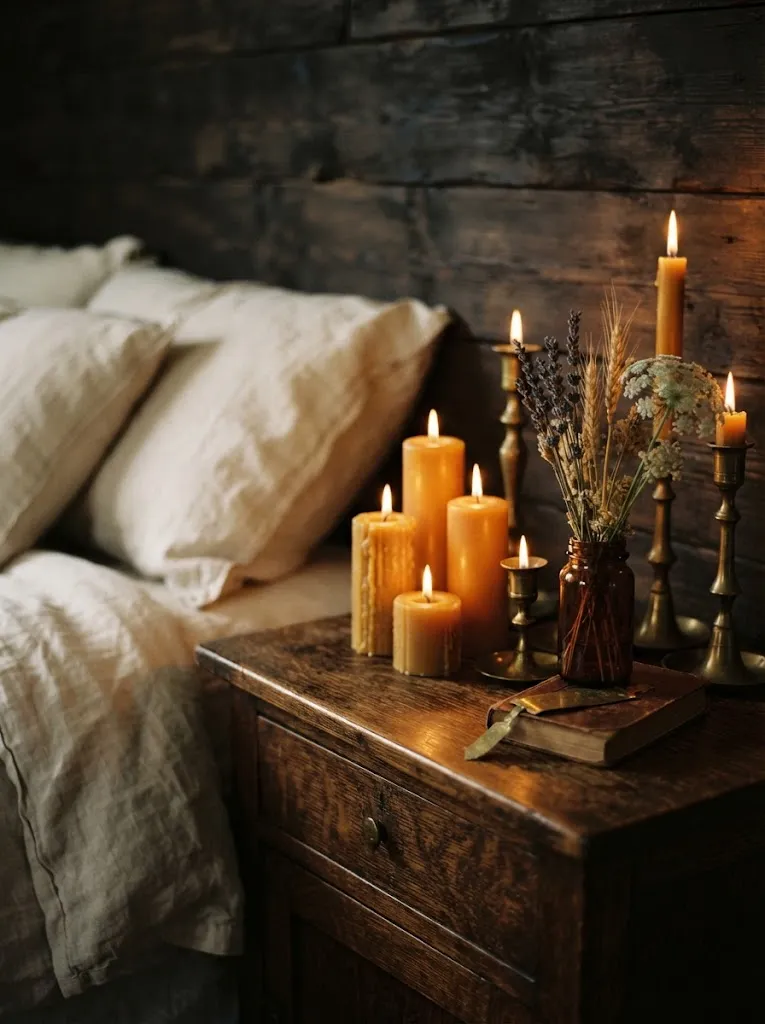 Beeswax pillar candles and brass candlesticks glowing warmly on a wooden nightstand beside dried stems in a jar