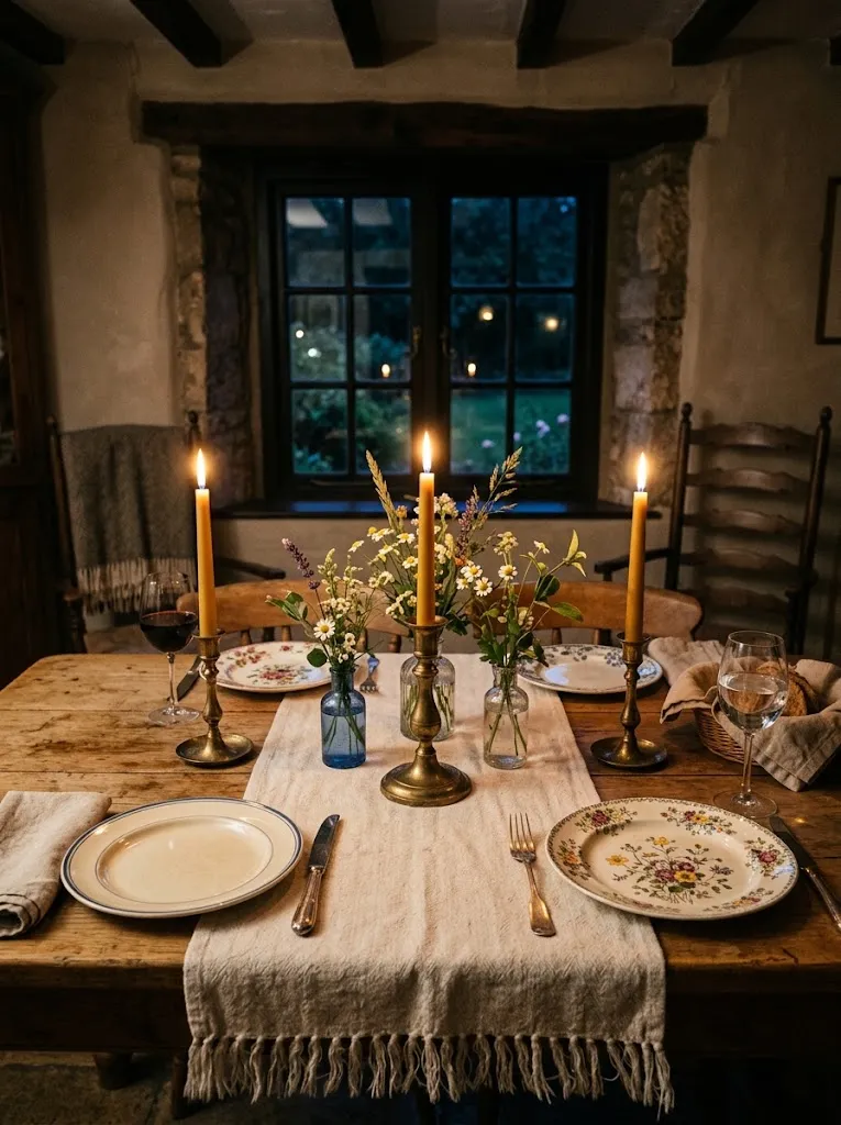 Rustic dining table set with taper candles in brass holders and mismatched vintage plates