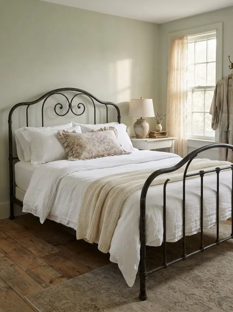 Black cast iron bed frame with scrollwork headboard and white cotton bedding against a pale sage bedroom wall