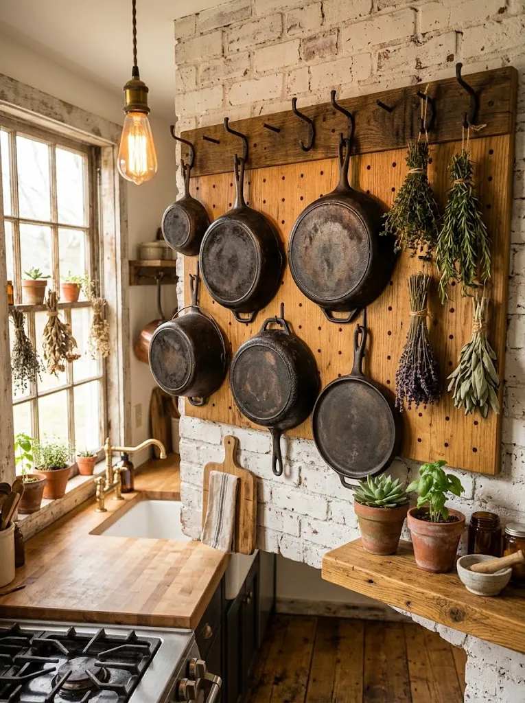 Cast iron skillets hung on a pegboard as a vintage farmhouse kitchen display