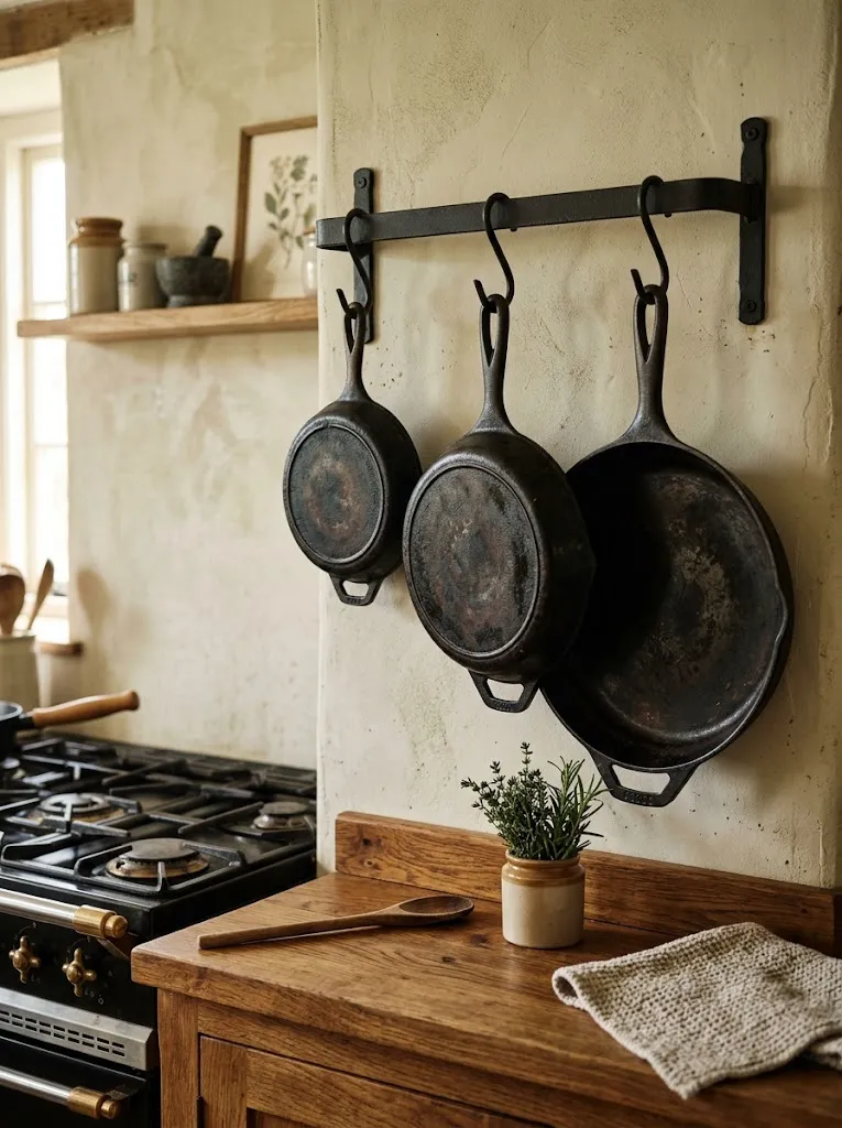 Cast iron skillets hung on a wall rack in a cottage kitchen