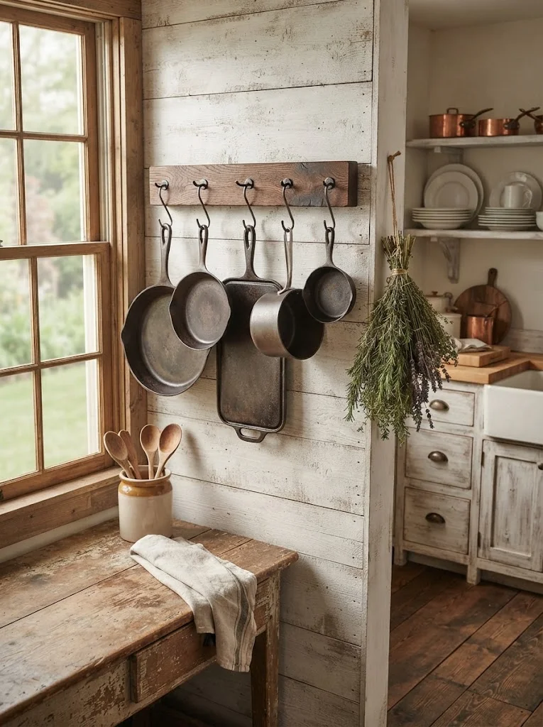 Cast iron skillets displayed on a wood pot rack in a rustic kitchen