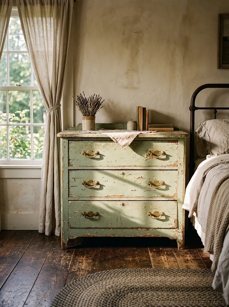 Chippy painted dresser with sage green chalk paint as a vintage inspired decorating idea