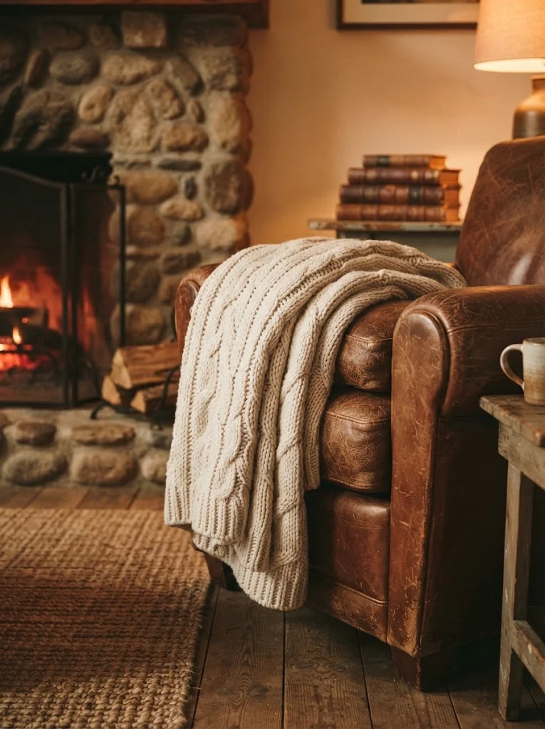 Chunky knit throw blanket draped over a leather armchair for cozy rustic style