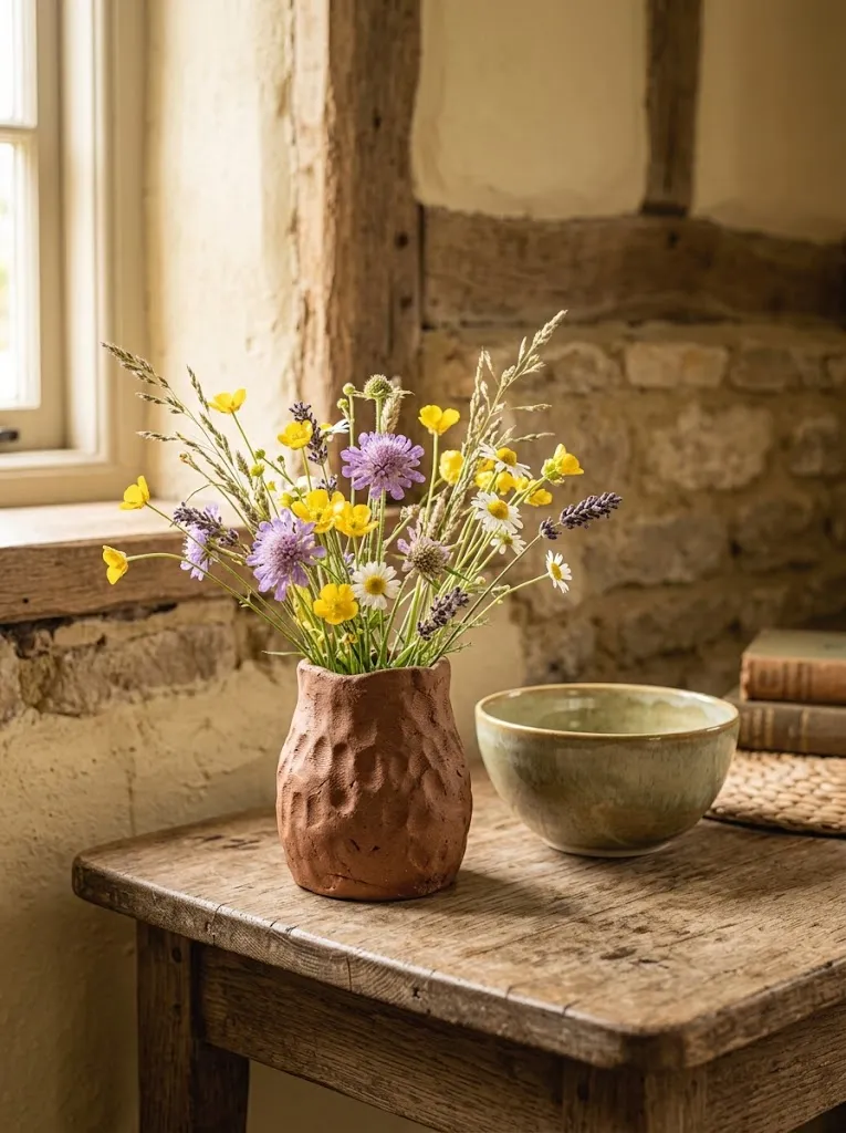 Handmade clay pottery accents in a cottagecore style home