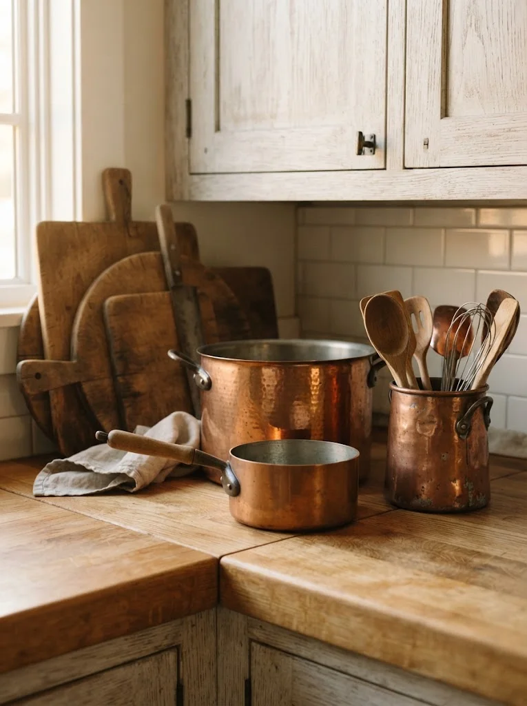 Copper pots and wood cutting boards styled on a rustic kitchen counter