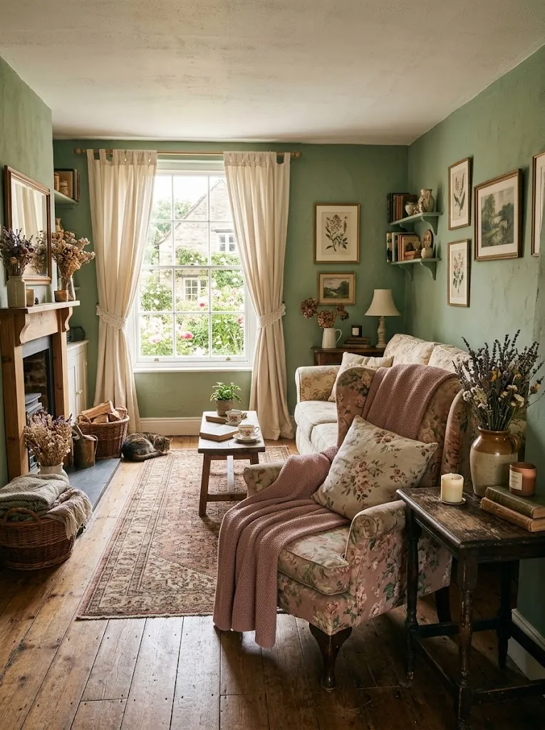 Cottagecore interior design living room with sage green walls and dusty rose accents