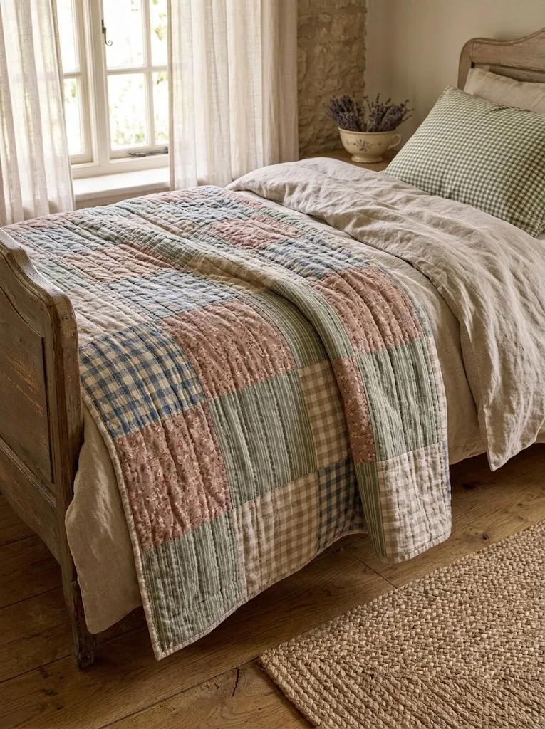 Layered quilt, linen, and jute textiles in a cottagecore bedroom