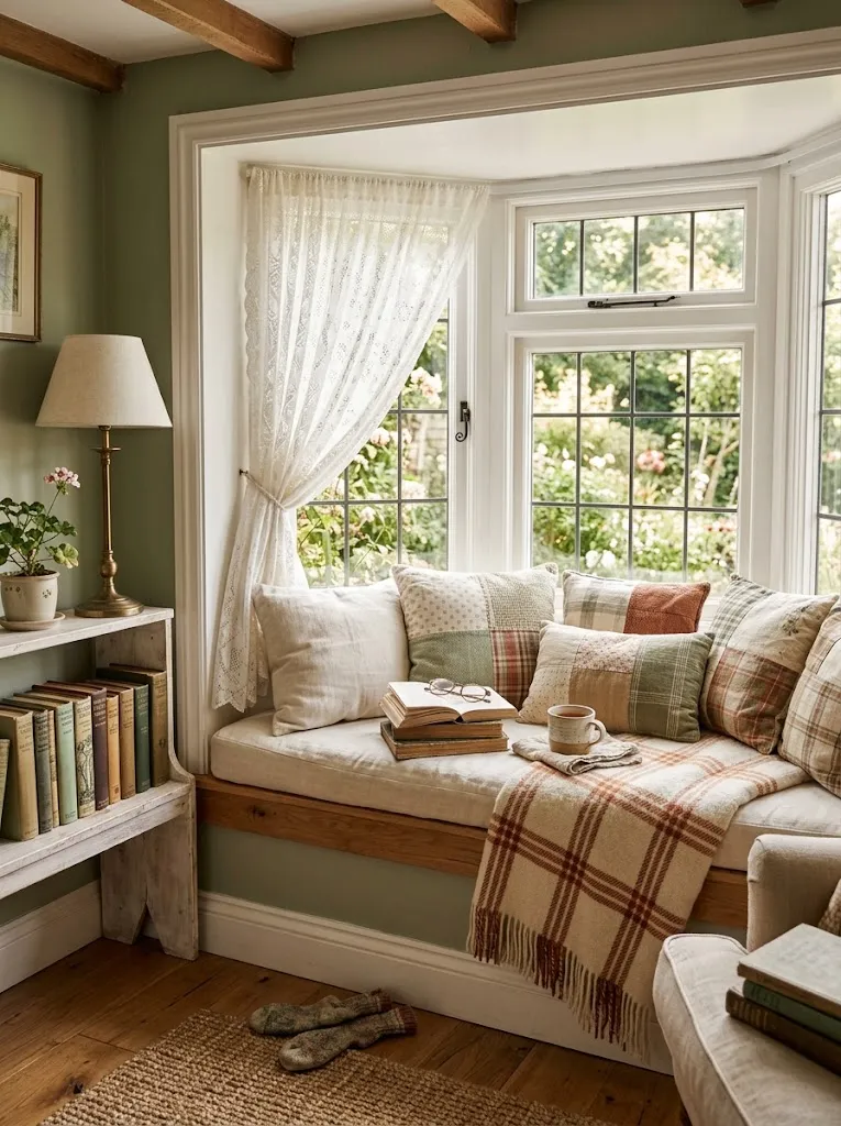 Cozy bay window reading nook with patchwork pillows, a wool blanket, and a stack of vintage books