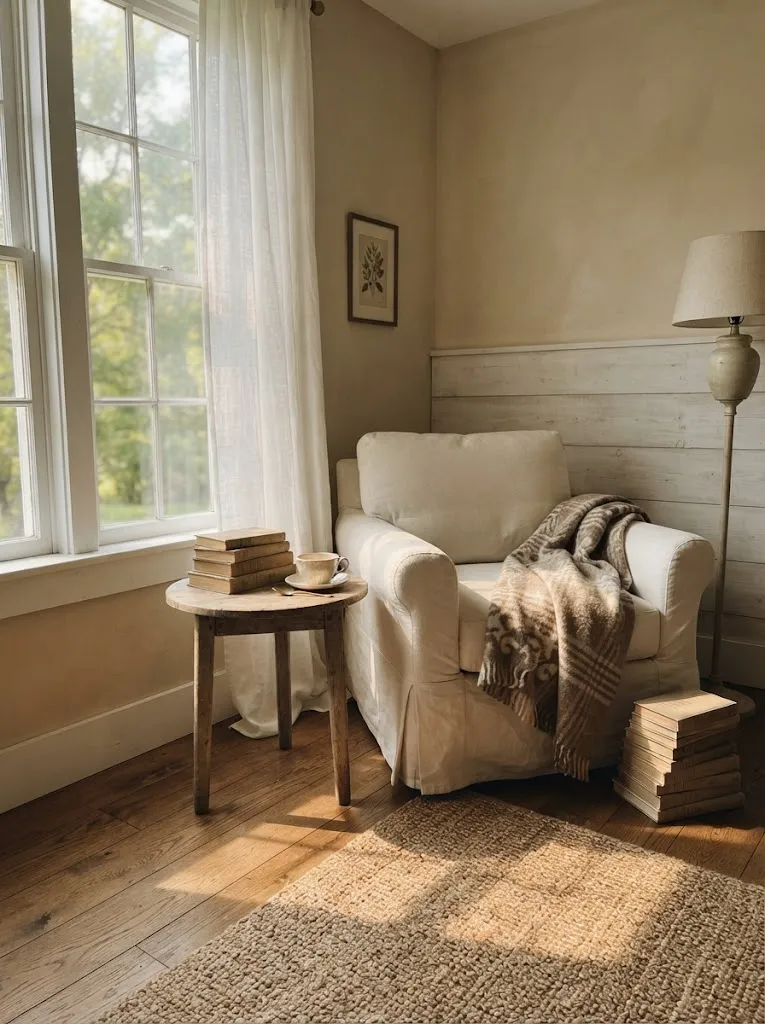 Cozy bedroom reading nook with a cream armchair, wool throw, and window light