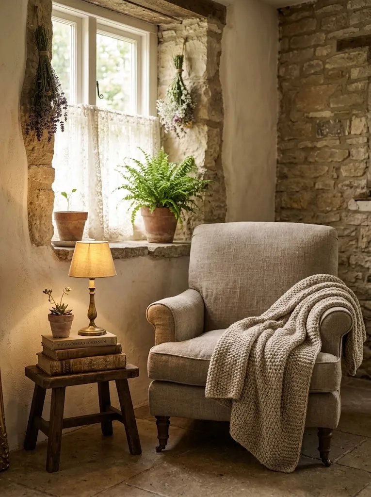 Cozy reading nook with warm lighting in a cottagecore style home