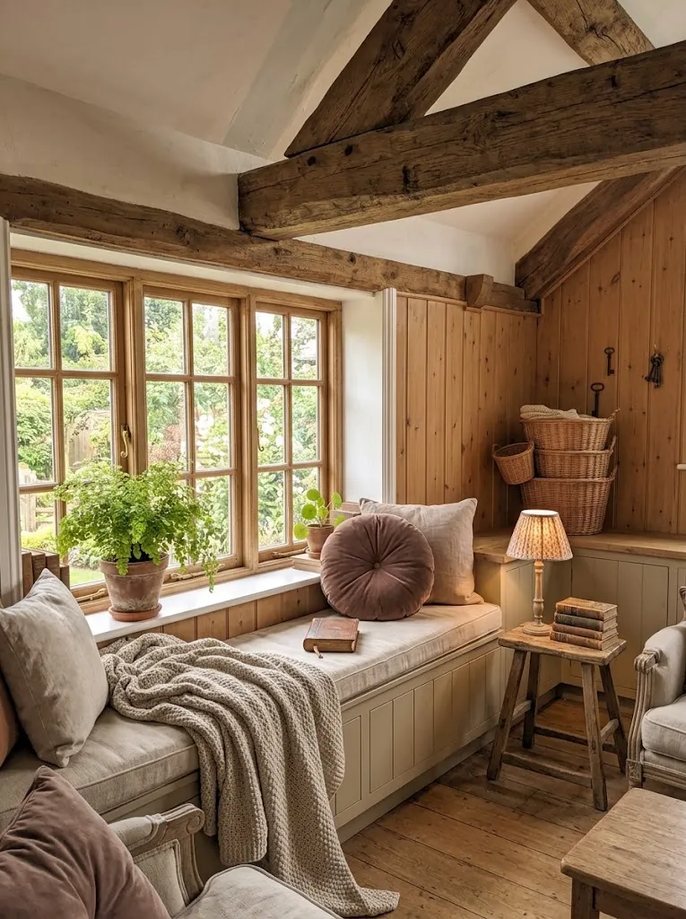 Cozy window seat reading nook with cushions and books