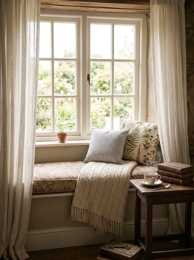Cottagecore window reading nook with cushioned bench and floral fabric
