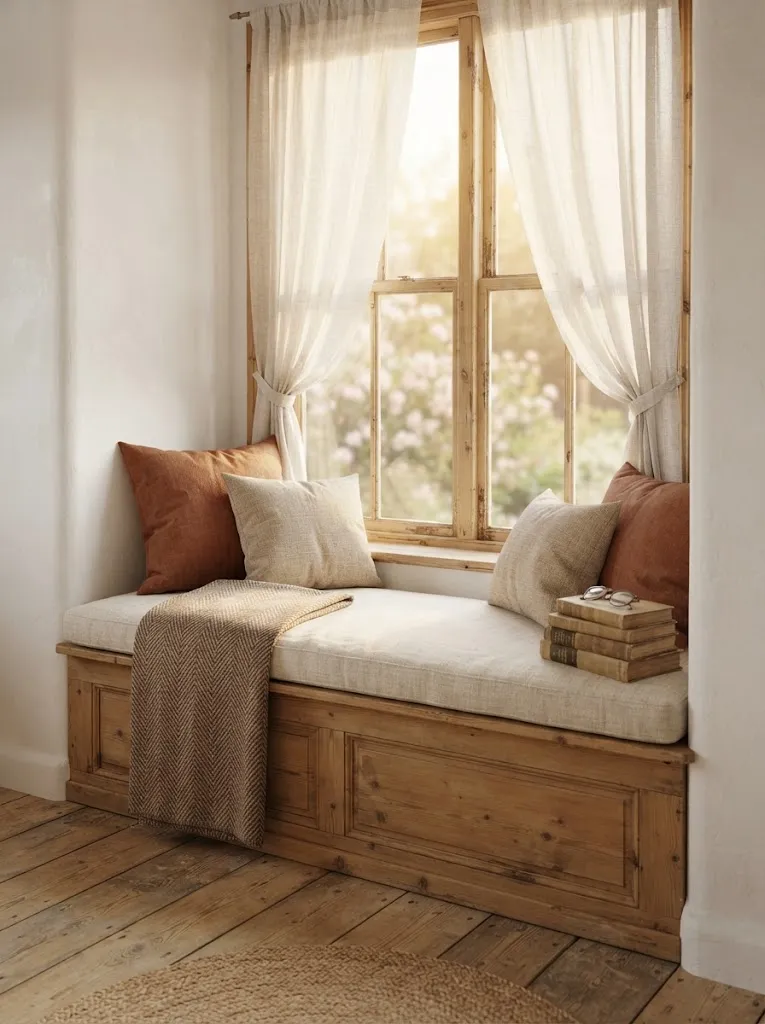 Built-in pine window seat with a cream cushion, pillows, and wool blanket beside sheer linen curtains in a bedroom