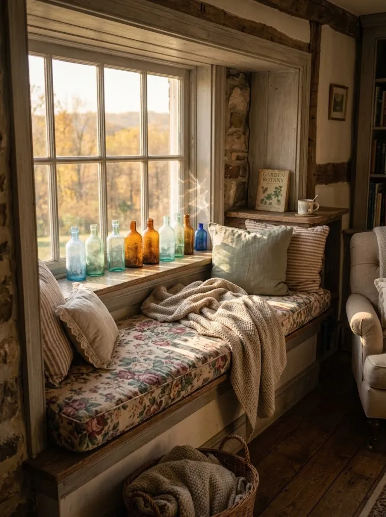 Cozy cushioned window seat in a cottagecore style home