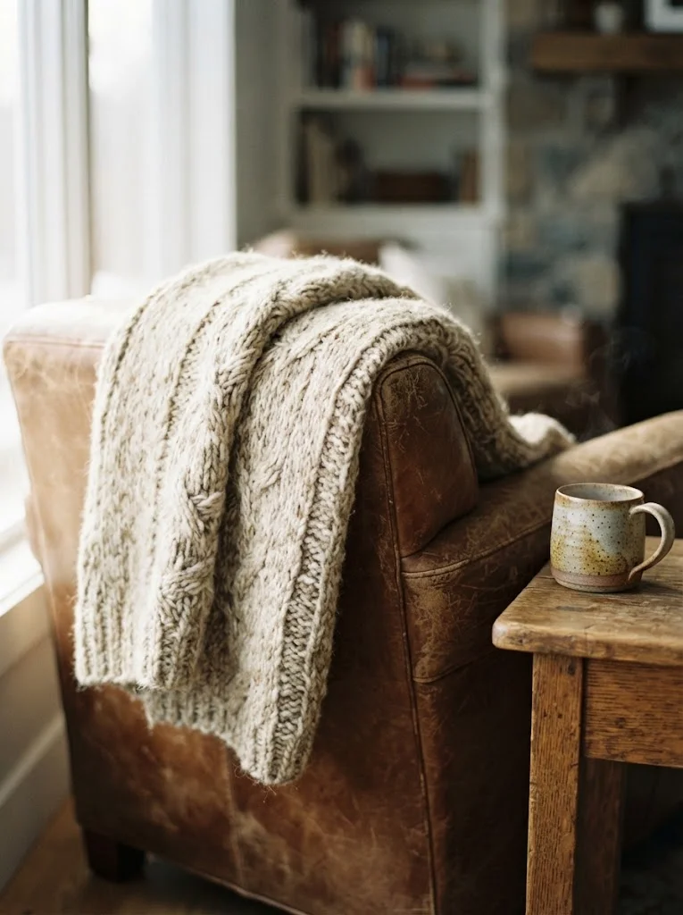 Chunky wool throw blanket draped over a leather armchair for cozy rustic decor
