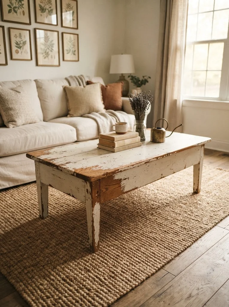 Distressed white wood coffee table showing chipped paint for rustic farmhouse style