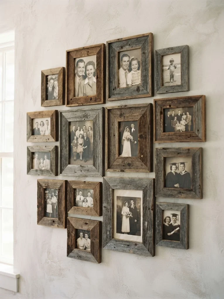 Distressed wood picture frames arranged on a rustic gallery wall