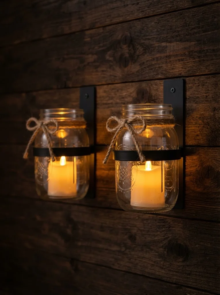 DIY mason jar wall sconces with jute rope for budget rustic lighting