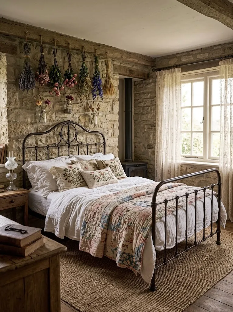 Romantic cottagecore bedroom with iron bed frame and dried flowers