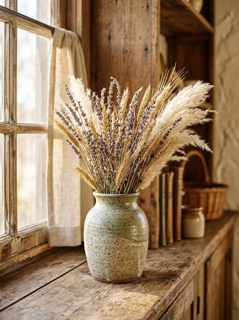 Dried lavender and wheat in a ceramic vase, cottagecore decor idea