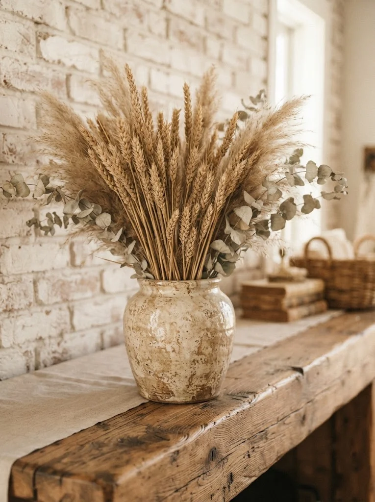 Dried flower arrangement with pampas grass in a ceramic vase on a rustic mantel