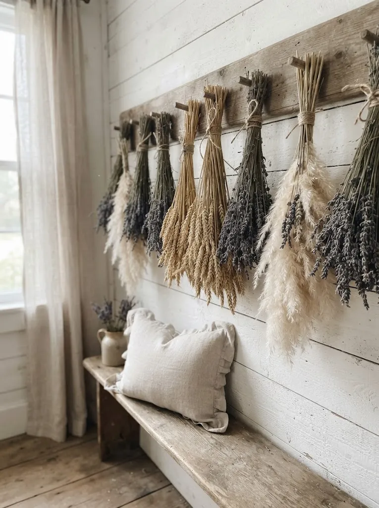 Dried lavender, wheat, and pampas grass bundles hanging from a wooden peg rail on a whitewashed bedroom wall