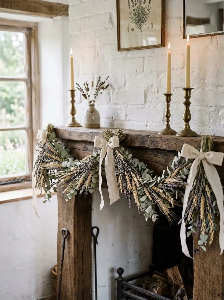 Dried lavender, wheat, and eucalyptus garland with linen ribbon bows draped across a wooden mantel