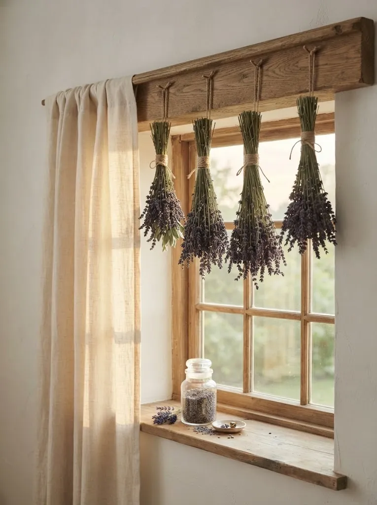 Dried lavender bundles tied with twine hanging above a farmhouse bedroom window