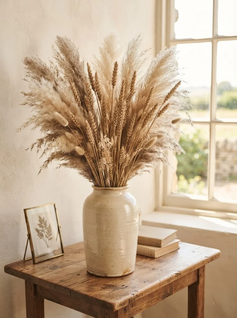 Dried pampas grass and wheat arrangement in a ceramic vase for rustic decor