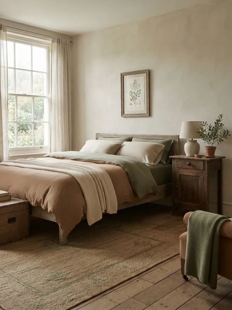 Bedroom styled in clay, oatmeal, moss green, and cream earth tones with linen bedding and a terracotta pot