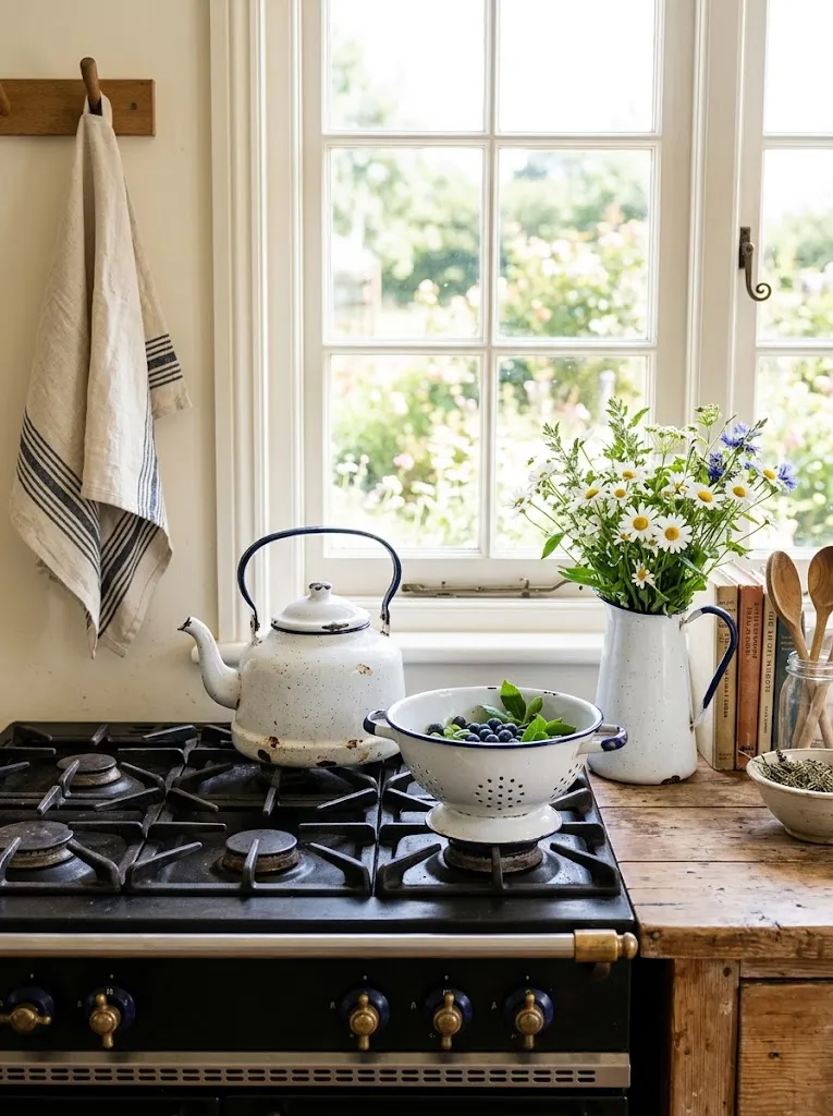 White enamelware kettle, pitcher, and colander with navy rims in a farmhouse kitchen