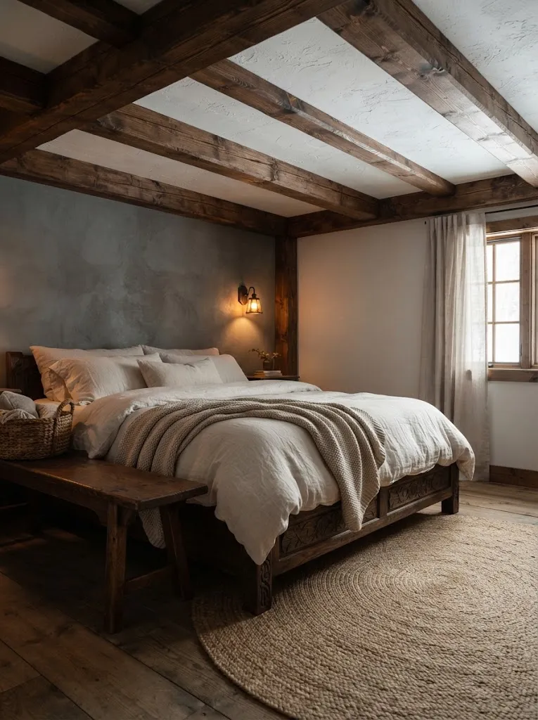 Dark walnut exposed ceiling beams above a cream linen bed in a warm farmhouse style rustic bedroom