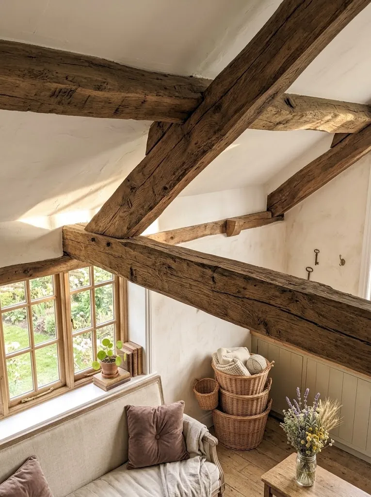 Exposed wood ceiling beams in a cottagecore living room